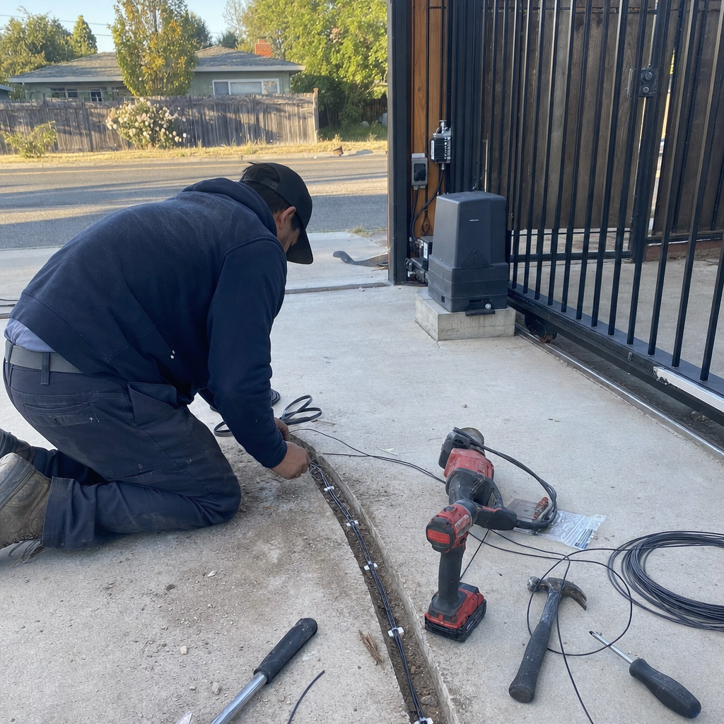 Gate access control wiring installation with tools and gate opener in Parkway, CA