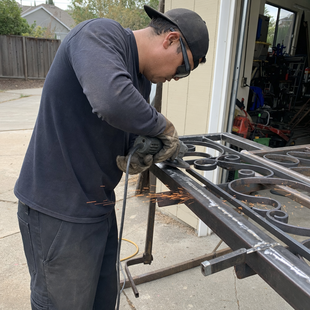 Metalworker grinding gate parts for repair and welding services. in Parkway, CA
