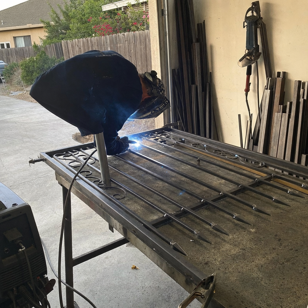 Welder performing gate parts and welding on metal gate. in Parkway, CA