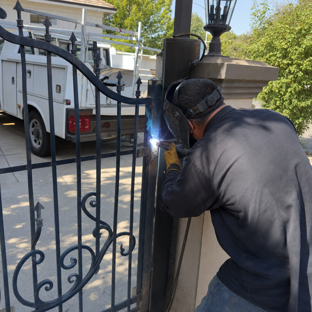 Welder repairing ornate wrought iron gate